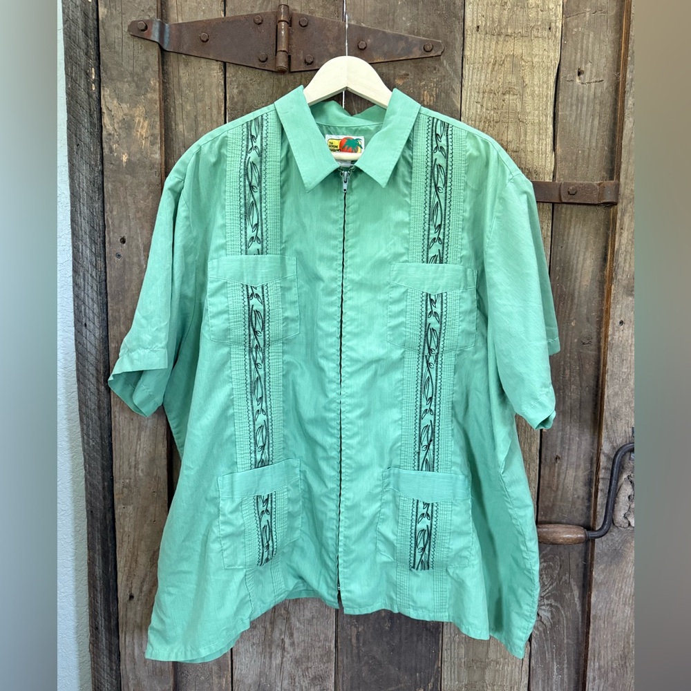 Haband Shirt Mens XXXL 3XL Green Guayabera Floral Zip 4 Pockets Mexican Cuban